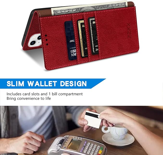 ZZXX for iPhone 15 Wallet Case with [RFID Blocking] Card Slot Kickstand Magnetic Closure Leather Flip Fold Protective Phone Case for iPhone 15 Case Wallet(Red-6.1 inch)