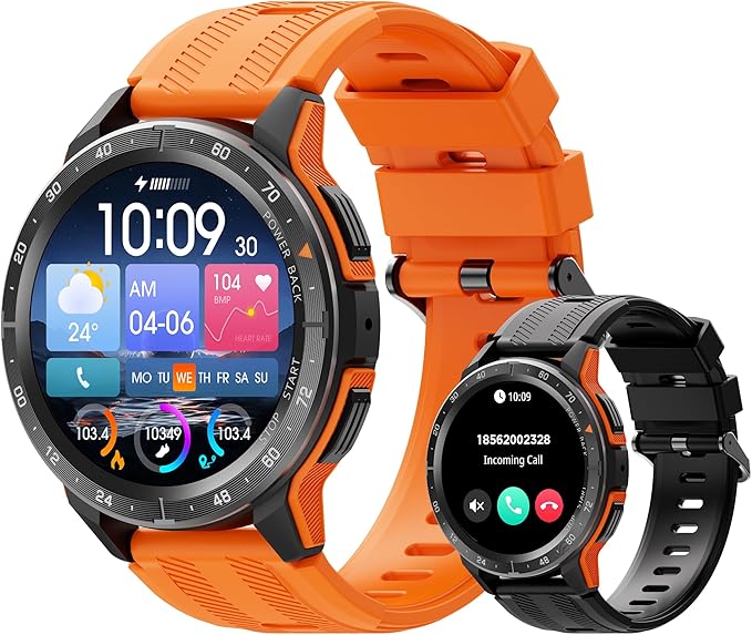 VIRAN Smart Watches for Men, 1.43'' AMOLED Fitness Watch with Pedometer and Heart Rate/Sleep/BP/Spo2 Monitor, Military Smart Watch for Android Phones and iPhone Compatible, 120+ Sports Modes (Orange)
