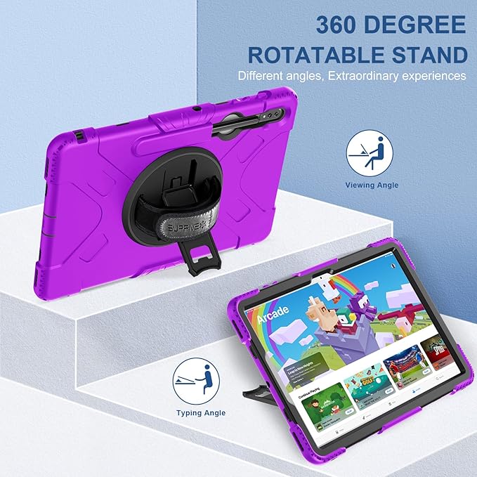 SUPFIVES Case for Samsung Galaxy Tab S8 Plus 2022: Three Layer Heavy Duty Silicone Protective Cover with Stand - S Pen Holder - Handle for Galaxy Tablet S8+/S7+/S7 FE 12.4" - Purple