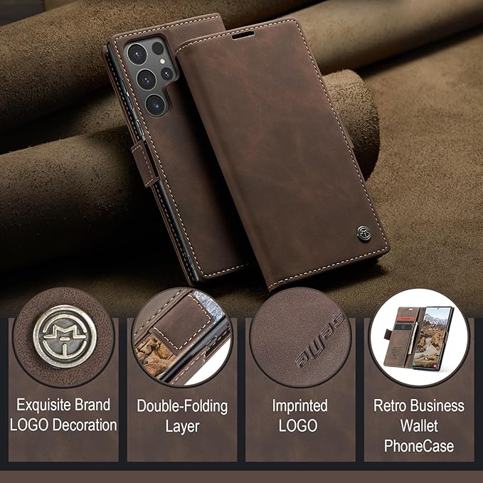 for Samsung Galaxy S24 Ultra Case, Flip Wallet Leather Case with Card Holder Magnetic Closure Shockproof Kickstand Protective Phone Cases Cover for Galaxy S24 Ultra 5G Cover,Coffee