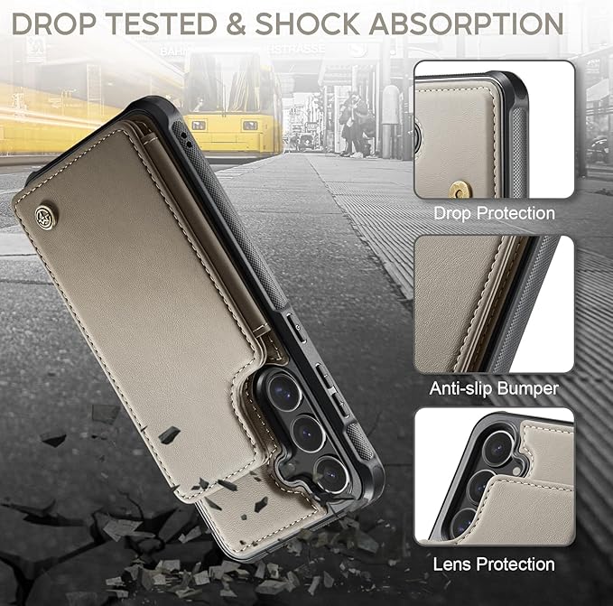 Vinich for Samsung Galaxy S25 Wallet Case with Card Holder, RFID Blocking Credit Slots Kickstand Shockproof Phone Cover for Women Men, Gray