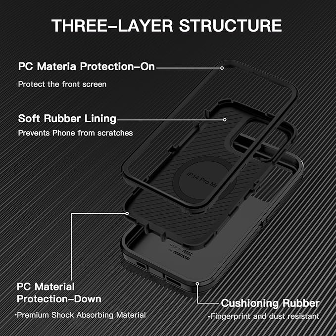 for iPhone 14 Pro Max Case [Compatible with MagSafe] Shockproof 3-Layer Full Body Protection Rugged Heavy Duty Cover Case for Apple iPhone 14 Pro Max 6.7",Black