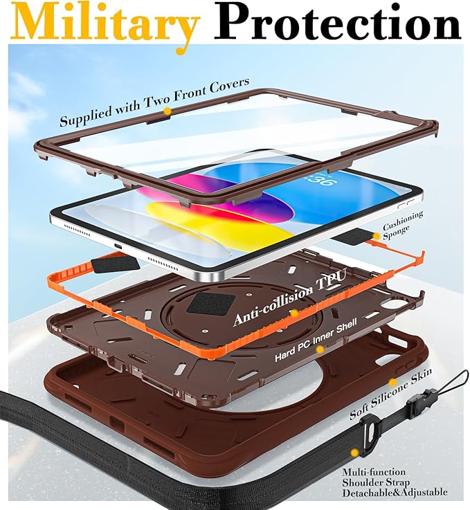 BRAECN Ripple Case for iPad (A16)11th/10th Generation 11/10.9 inch 2025/2022 Zinc Alloy Handle Ring Stand Protective Heavy Duty Screen Protector 360°Rotating 180°Folding Shoulder Strap Full-Body Cover