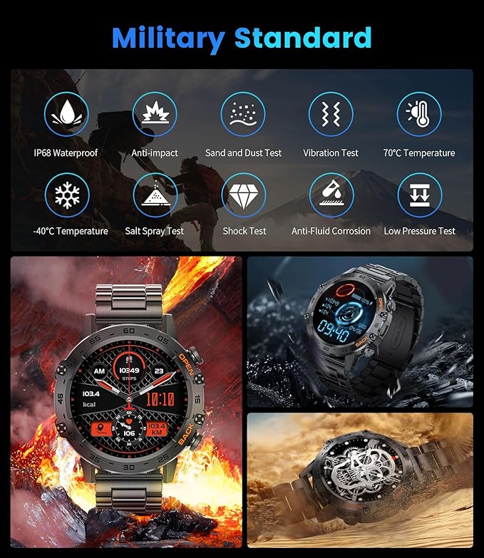 Military Smart Watch for Men Answer/Dial Calls for iOS Android Phones, 400mAh Smartwatch Heart Rate SpO2 Sleep Monitor Step Counter, 2 Straps, 1.39" HD Waterproof Outdoor Sport Smart Watches