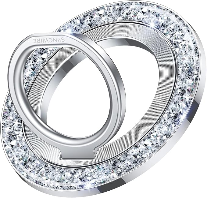 SYNCWIRE Magnetic Phone Ring Holder for MagSafe - Glitter Phone Grip Stand with 360° Rotation & Reinforced Hinge, Compatible with iPhone 16 15 14 13 Pro Max Plus MagSafe Accessories - Glitter Silver