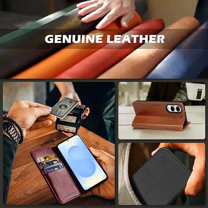 SHIELDON Case for Galaxy S25 Edge 5G 6.7", Genuine Leather Wallet Flip Book RFID Blocking Card Holder Kickstand Shock Absorbing Protection Case Compatible with Galaxy S25 Edge - Retro Light Brown