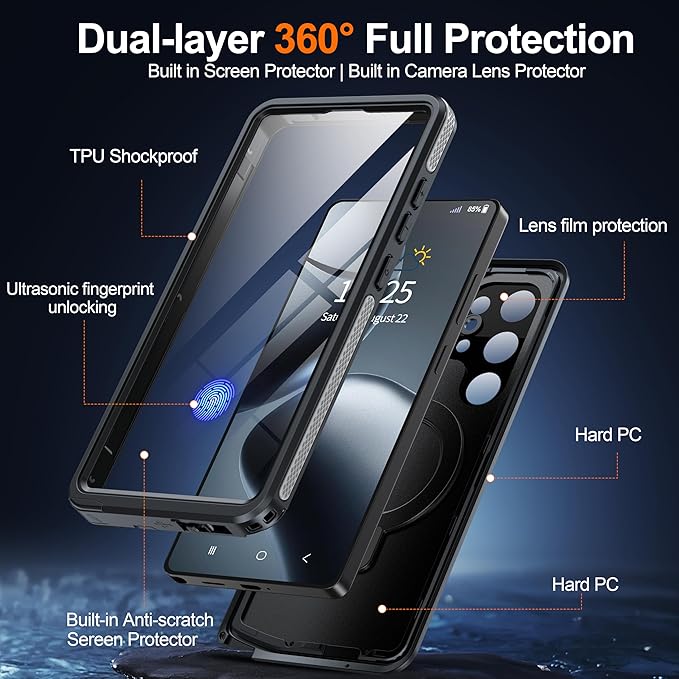 Magnetic & Stand for Samsung Galaxy S25 Ultra Case Waterproof[Built-in Screen Protector][Fit for Magsafe][Invisible Kickstand] 360° Full Body Sealed Protective Dustproof Shockproof Case Black