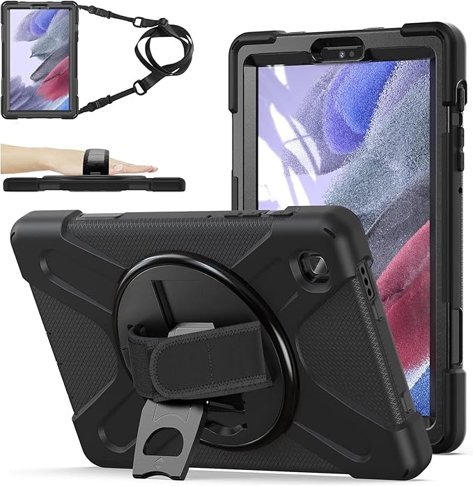 ZenRich Carrying Case for Samsung Galaxy Tab A7 Lite 2021 8.7'' SM-T220/T225/T227, Heavy Duty Rugged Full-Body Protective Case with [360 Rotating Stand] [Hand Strap][Shoulder Belt], Black
