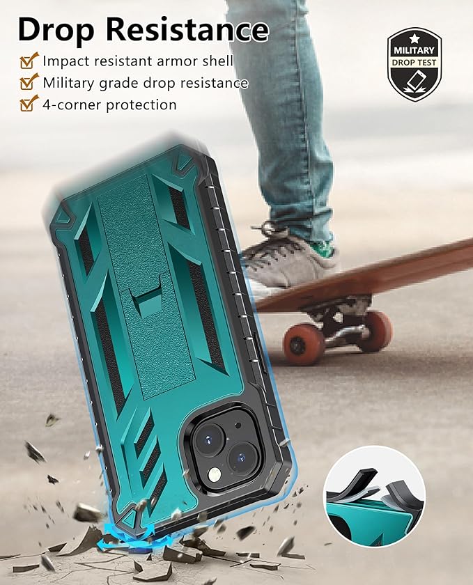 for iPhone 13/14 Protective Case: for iPhone 16e Cover Heavy Duty Military Grade Hard Protection Shock Proof Grip | Durable Dual-Layer Design with Built-in Kickstand Teal