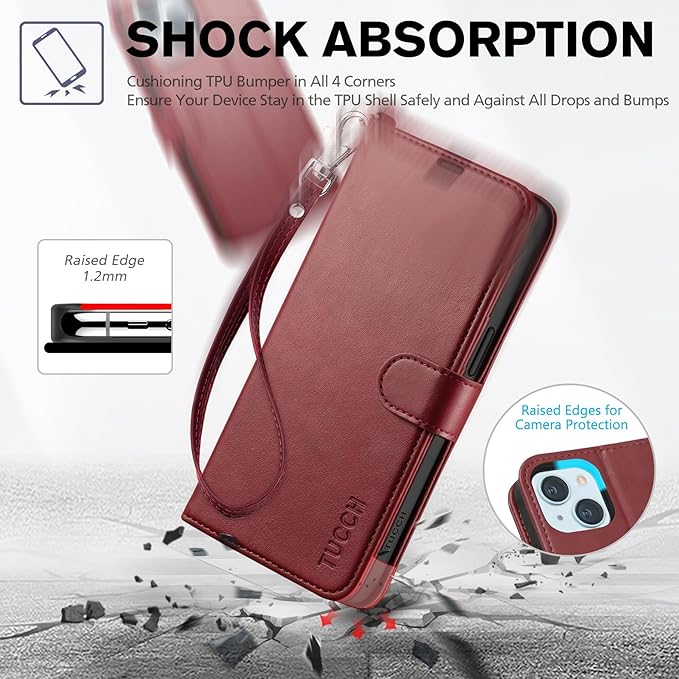 TUCCH Wallet Case for iPhone 15 with [Wrist Strap], Magnetic Closure RFID Blocking 4 Card Slot, Stand Shockproof TPU Shell PU Leather Folio Compatible with iPhone 15 6.1" 2023, Dark Red with Wristlet