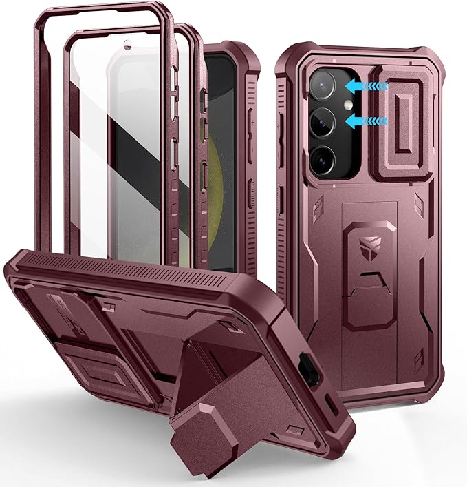 Dexnor for Samsung Galaxy S24 Case with Built-in Slide Camera Cover & Screen Protector & Kickstand, Heavy-Duty Shockproof Rugged Case Full-Body Bumper Protective Cover for Galaxy S24 (2024),Maroon Red