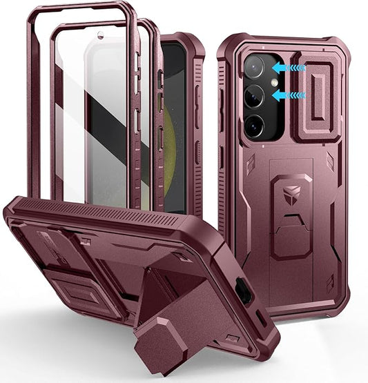 Dexnor for Samsung Galaxy S24 Case with Built-in Slide Camera Cover & Screen Protector & Kickstand, Heavy-Duty Shockproof Rugged Case Full-Body Bumper Protective Cover for Galaxy S24 (2024),Maroon Red