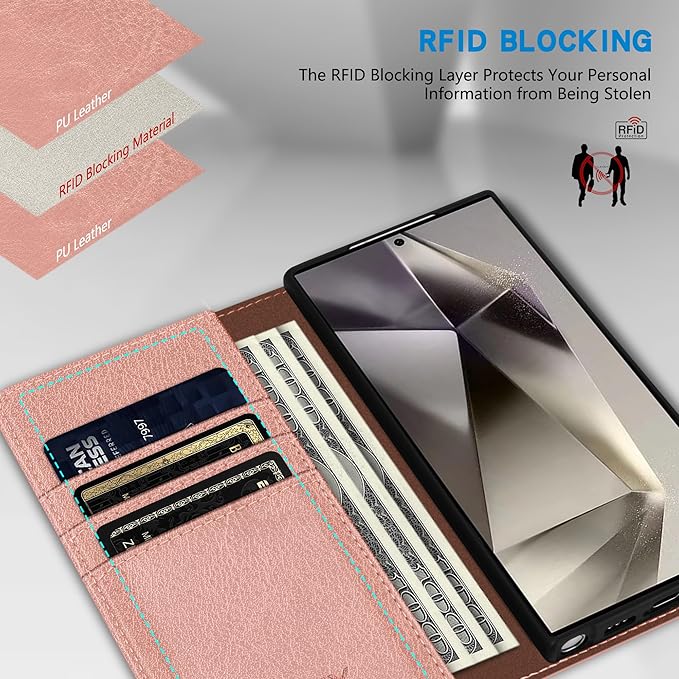 ZZXX for Samsung Galaxy S25 Ultra Wallet Case with [RFID Blocking] Card Slot Stand Strong Magnetic Leather Flip Fold Protective Phone Case for Samsung Galaxy S25 Ultra Case Wallet(Rose Gold-6.8 inch)