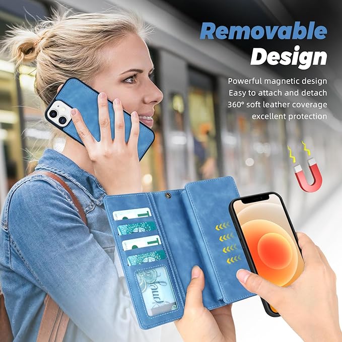 TwoHead for iPhone 12/12 Pro Wallet Case with Card Holder & Detachable Magnetic Phone Case,Leather All-Round Protection Phone Case for Women/Men,6.1IN,Sky Blue