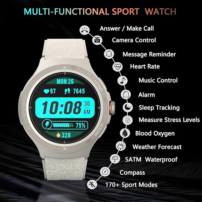 Military Smart Watch with Heart Rate Monitor/Compass/Flashlight/GPS, 1.43" Smartwatch with 170+ Sport Modes,5ATM Waterproof Fitness Watch for Men & Women, Compatible iOS Android (Silver)