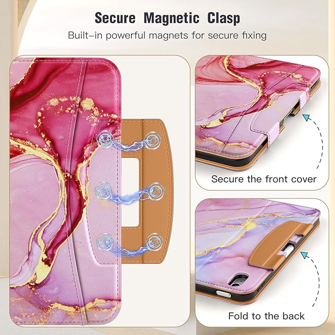MoKo for iPad (A16) 11th Generation Case 11 inch 2025, iPad 10th Generation Case 10.9" 2022 with Pencil Holder & Pocket, Premium Leather Folio Stand Cover, Multiple Viewing Angles, Pink Gold Marble