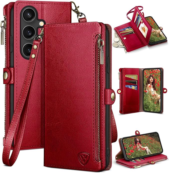 XcaseBar Compatible with Samsung Galaxy S25 Wallet case with Zipper Credit Card Holder【RFID Blocking】,Flip Folio Book PU Leather Phone case Shockproof Cover Women Men for Samsung S25 case Red