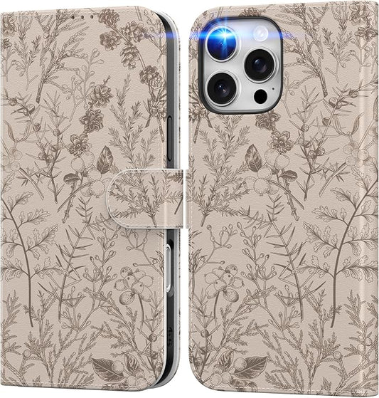 DEENAKIN for iPhone 16 Pro Wallet Case with Card Holder + Cash Clip, RFID-Blocking, Military-Grade Drop Protection, Magnetic Closure with Leather Kickstand - Serene Foliage