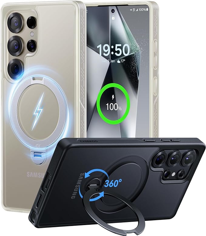 CASEKOO Patented 360° Spin Magnetic Stand for Samsung Galaxy S25 Ultra Case [18FT Military Drop Protection] [Compatible with MagSafe] Translucent Slim S25 Ultra Case 6.9'' 2025, Translucent White