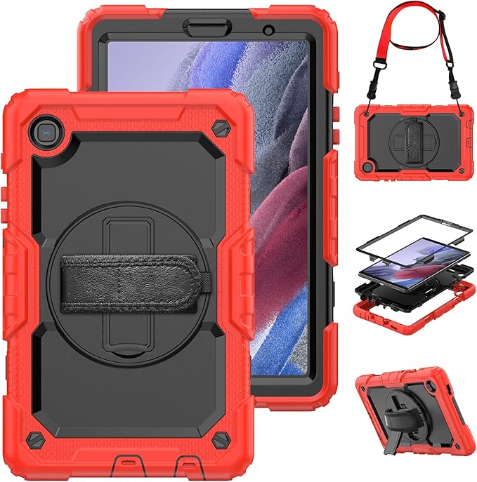 Timecity Case for Samsung Galaxy Tab A7 Lite 8.7'' 2021 (SM-T220/T225/T227), Full-Body Shockproof Protection Case with Screen Protector & 360 Rotating Stand Hand Strap - Red