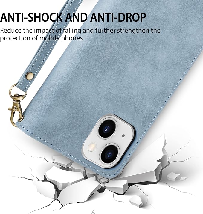 ZZXX iPhone 14 Case Wallet with [RFID Blocking] Card Slot Premium Soft PU Leather Zipper Flip Folio with Wrist Strap Kickstand Protective Phone Cover for iPhone 14 Wallet Case(Light Blue-6.1 inch)