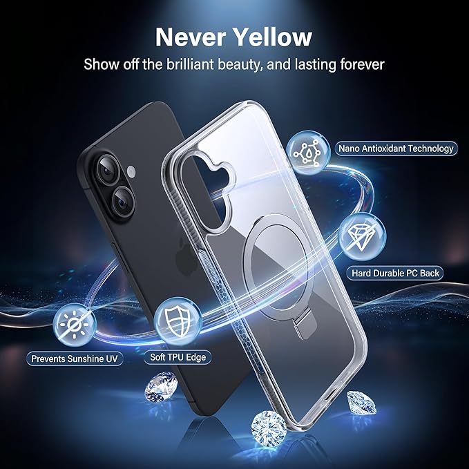 Magnetic Case for iPhone 16 - [Built-in Invisible Stand] [Compatible with MagSafe] [Military Grade Drop Protection] Anti-Yellowing Hard Back Silicone Edge Cover, 6.1", Clear