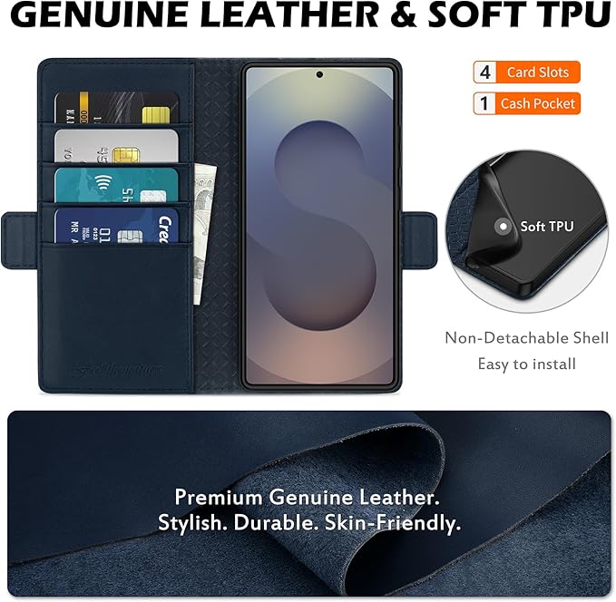 SHIELDON Case for Galaxy S25 Ultra 6.9", Genuine Leather Flip Wallet Case Kickstand RFID Blocking Credit Card Holder Magnetic Shockproof Cover Compatible with Galaxy S25 Ultra 2025 - Nappa Navy Blue