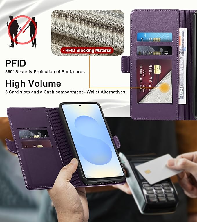 Wallet Flip Case for Samsung Galaxy S25 Plus/S25+ 5G - [RFID Blocking] Luxury PU Leather Card Holder Magnetic Phone Cover with Kickstand,Shockproof Protective Case,Purple