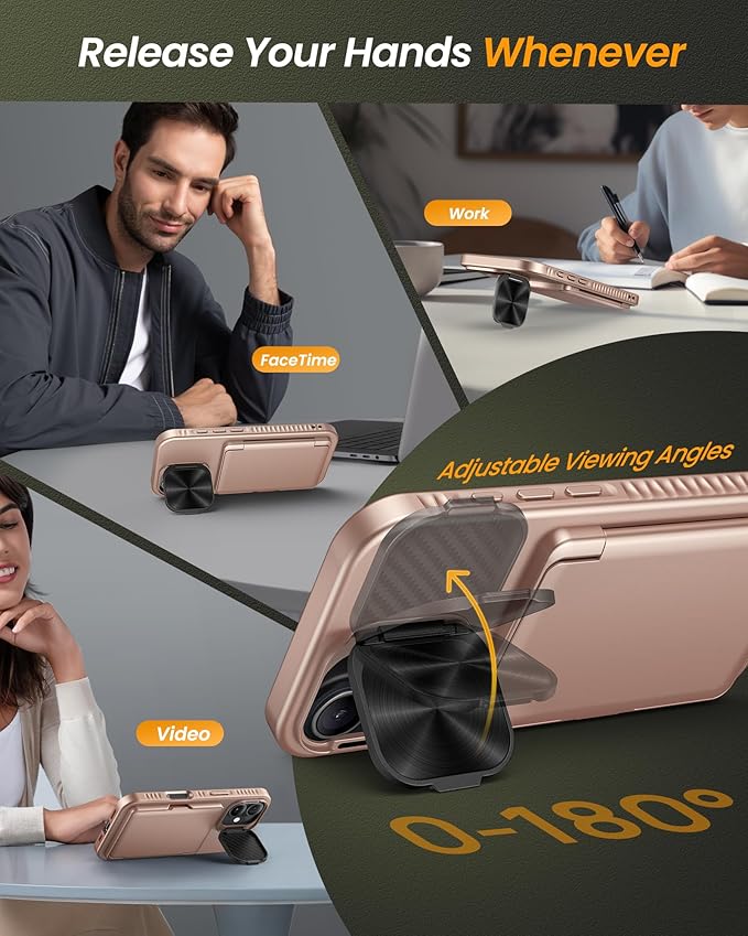 for iPhone 17 Case with Card Holder & Stand & Camera Cover, Military Grade Drop Protection Hard Rugged Multifunctional Wallet Kickstand Protective Phone Case for iPhone 17, Rose Gold