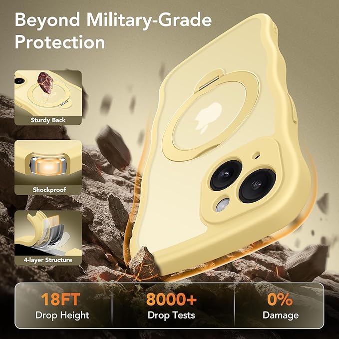 GolbinBox for iPhone 15 Case for Women,[Compatible with Magsafe][360° Spin Magnetic Stand][Cute Wave Edge][Military-Grade Protection] Translucent Matte Phone Case for iPhone 15, Jasmine Yellow