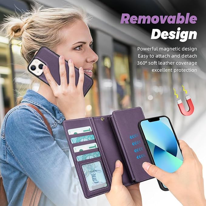 TwoHead Designed for iPhone 13 Wallet Case with Card Holder,Detachable Magnetic Phone Case with Wallet PU Leather Wallet Phone Case for iPhone 13 Case Wallet for Women/Men with Wrist Strap,Deep Purple