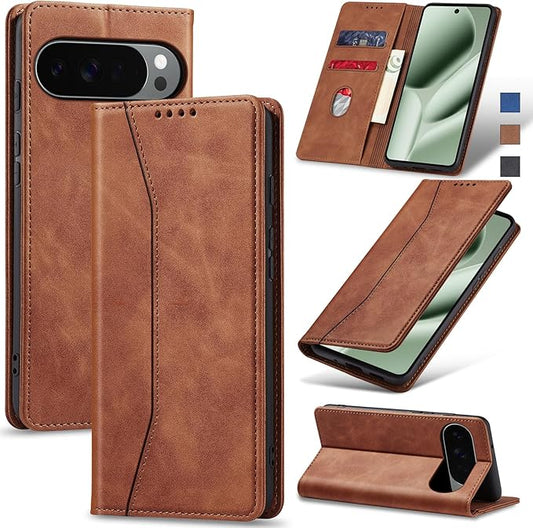 Jasonyu Flip Wallet Case for Google Pixel 10 Pro XL 5G,Leather Magnetic Folio Cover with Card Holder,Kickstand - TPU Shockproof Durable Protective Phone Case,Brown