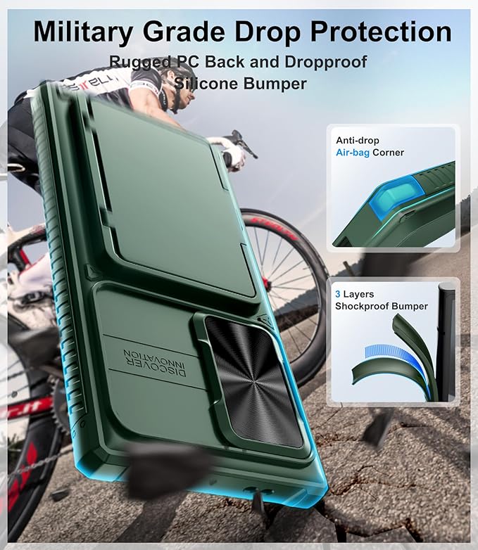 for Samsung Galaxy S23 Ultra Case with Card Holder (Store 4-5 Cards) & Kickstand & Slide Lens Cover, Military Grade Drop Protection, Rugged Silicone Wallet Case for Samsung S23 Ultra, Green