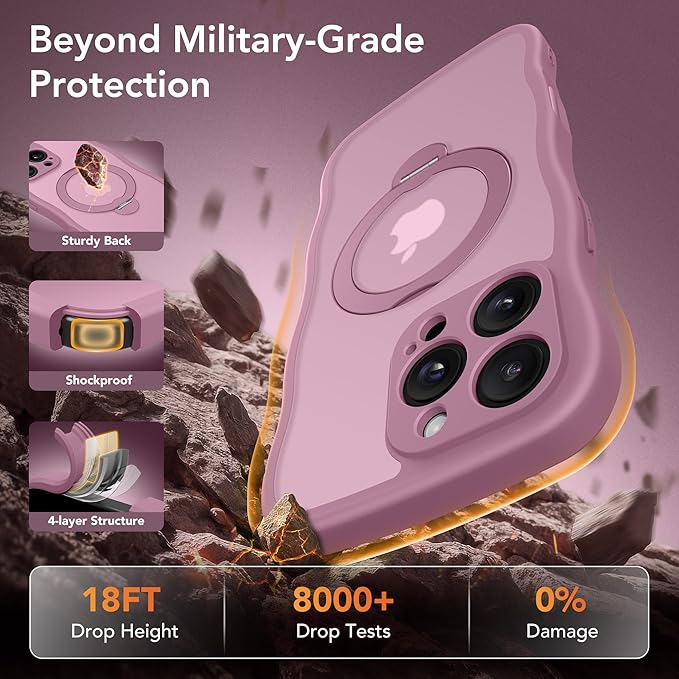 for iPhone 16 Pro Max Case for Women,[Compatible with Magsafe][360° Spin Magnetic Stand][Cute Wave Edge][Military-Grade Protection]Translucent Matte Phone Case for iPhone 16 ProMax, Blackcurrant