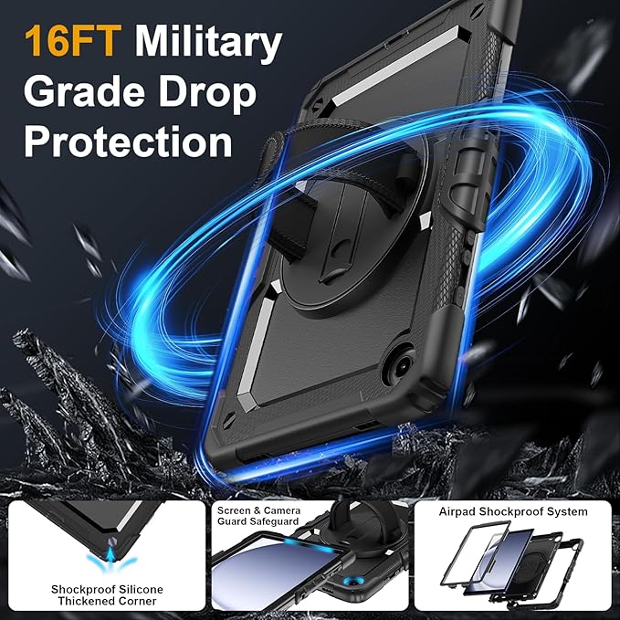 Case for Samsung Galaxy Tab A9+/A9 Plus 11 Inch 2023(SM-X210/X216/X218), Ubearkk Full-Body Drop Protection Case with Screen Protector, 360° Rotating Stand and Hand/Shoulder Strap, Black