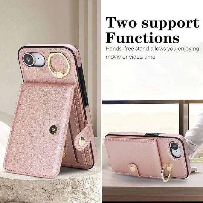 Compatible iPhone 16e Wallet Case with Card Holder RFID Blocking PU Leather Doubles as a Wallet Unisex Flip Shockproof Protection with Card Slots Ring Wrist Kickstand Function,Rose Gold