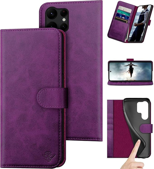 Compatible with Samsung Galaxy S25 Ultra Genuine Leather Wallet case【RFID Blocking】【4 Credit Card Holder】【Real Leather】 Flip Folio Book Phone case Cover Women Men for S25 Ultra case Purple