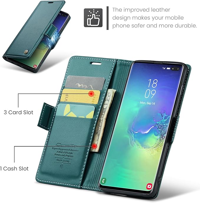Case for Samsung Galaxy S10 Plus Wallet Case, RFID Blocking PU Leather Flip Folio Cover Card Holder Kickstand Shockproof Phone Case Compatible with Samsung Galaxy S10 Plus, Blue Green