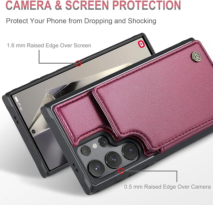 Vinich for Samsung Galaxy S24 Ultra Wallet Case with Card Holder, RFID Blocking Credit Slots Kickstand Shockproof Phone Cover for Women Men, Wine Red