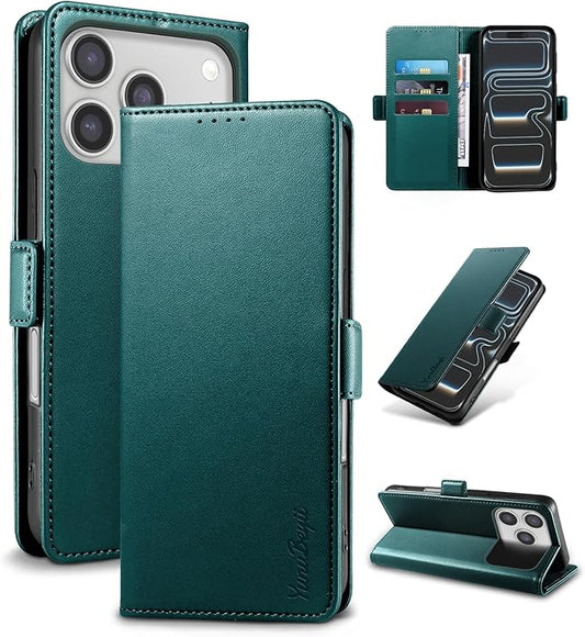 Wallet Flip Case for iPhone 17 Pro 5G - [RFID Blocking] Luxury PU Leather Card Holder Magnetic Phone Cover with Kickstand,Shockproof Protective Case,Green