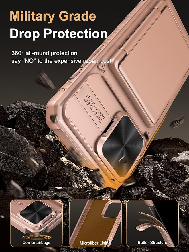 Vihibii for iPhone 16 Pro Max Case Wallet with Card Holder (4 Cards) [RFID Blocking] & Slide Camera Cover, Military Grade Drop Protection, Rugged Back & Silicone Edge Phone Case 6.9" 2024, Rose Gold