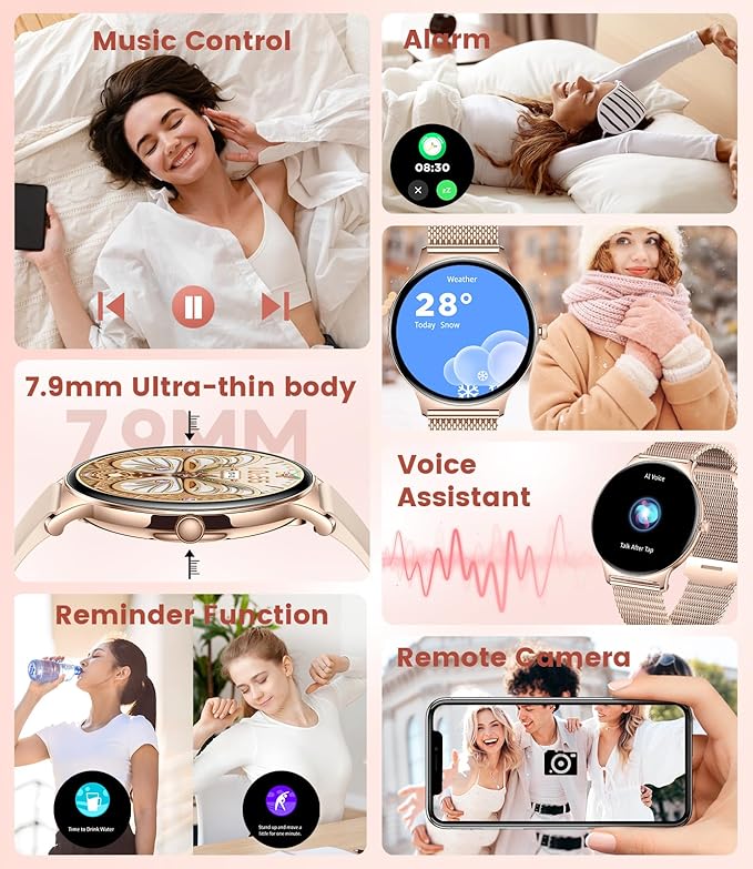 Smart Watches for Women, 1.43" AMOLED Display Fitness Tracker with Bluetooth Make/Answer Call, Heart Rate/Female Cycle/Sleep Monitor, 100+ Sports Modes, IP67 Waterproof for Android/iPhone