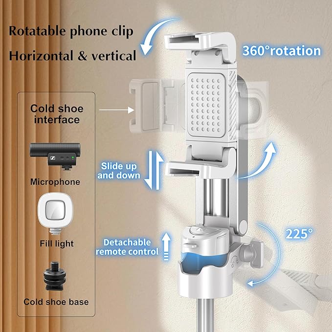 Mini Selfie Stick Tripod, 41.5cm Extendable Grip Phone Tripod with Detachable Remote Pocket Size, 4-in-1 Mini Phone Grip, 10m Wireless Shutter, Vlog Livestreaming Photography （White）
