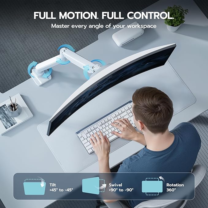 ARES WING Ultrawide Monitor Arm, Heavy Duty Single Monitor Mount for 13"-49" Curved Screens, Adjustable Stand for Desk with C-clamp & Grommet Base up to 40 LBS, White