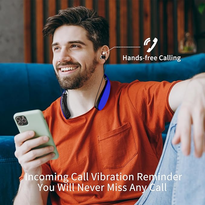 AMORNO Foldable Bluetooth Headphones Wireless Neckband Headset with Retractable Earbuds, Sports Sweatproof Noise Cancelling Stereo Earphones with Mic (Blue)