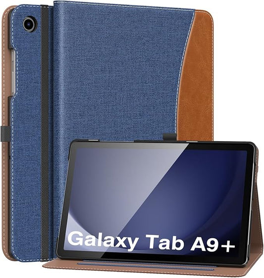 MoKo Case for Samsung Galaxy Tab A9 Plus 11" 2023 (SM-X210/SM-X216/SM-X218), PU Leather Multi-Angle Viewing Folding Stand Cover Case with Hand Strap, Front Pocket, Auto Wake/Sleep, Denim Blue & Brown