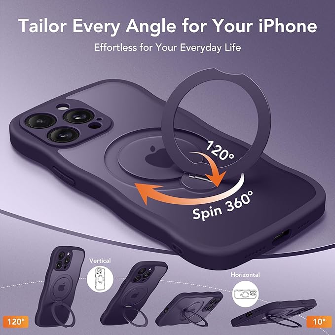 for iPhone 14 Pro Case for Women,[Compatible with Magsafe][360° Spin Magnetic Stand][Cute Wave Edge][Military-Grade Protection] Translucent Matte Phone Case for iPhone 14 Pro, Dark Purple