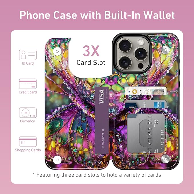 FUNMIKO for iPhone 15 Pro Wallet Case with Card Holder, RFID-Blocking, Military-Grade Protection & UV-Printed Artwork, Magnetic Closure with Leather Kickstand - Vibrant Elegant Butterfly
