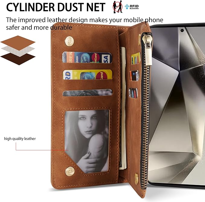 ZZXX Samsung Galaxy S24 Ultra 6.8 inch PU Leather Wallet Case with RFID Blocking, Card Slot, Kickstand (Brown)