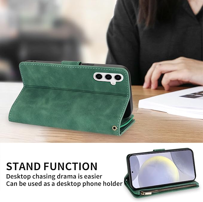 ZZXX for Samsung Galaxy S24 Plus Wallet Case with RFID Blocking Card Slot PU Leather Zipper Flip Folio with Strap Kickstand Protective Cover for Samsung Galaxy S24+ Case Wallet(Green-6.7 inch)
